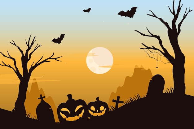 Premium Vector | Creepy graveyard with scary pumpkins and bats