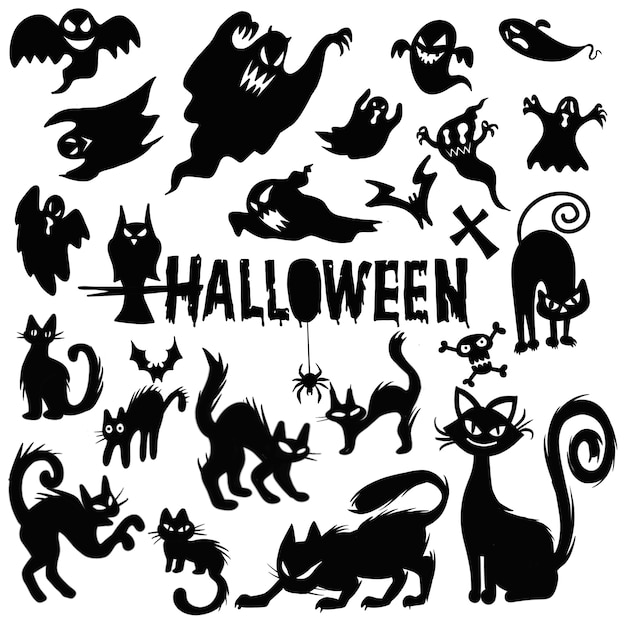 不気味なハロウィーンの幽霊と黒い猫のシルエット イラストテンプレート ベクターデザイン プレミアムベクター