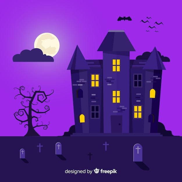 Download Creepy halloween haunted house with flat design | Free Vector