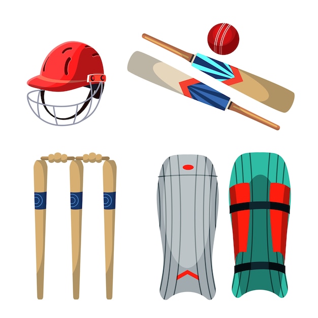 クリケット用品イラストセット 保護用ヘルメットとパッド ボール 木製の改札とコウモリ プレミアムベクター