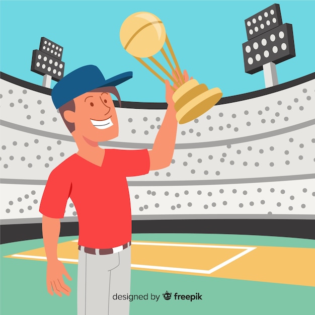 Cricket stadium background with player showing cup Free Vector