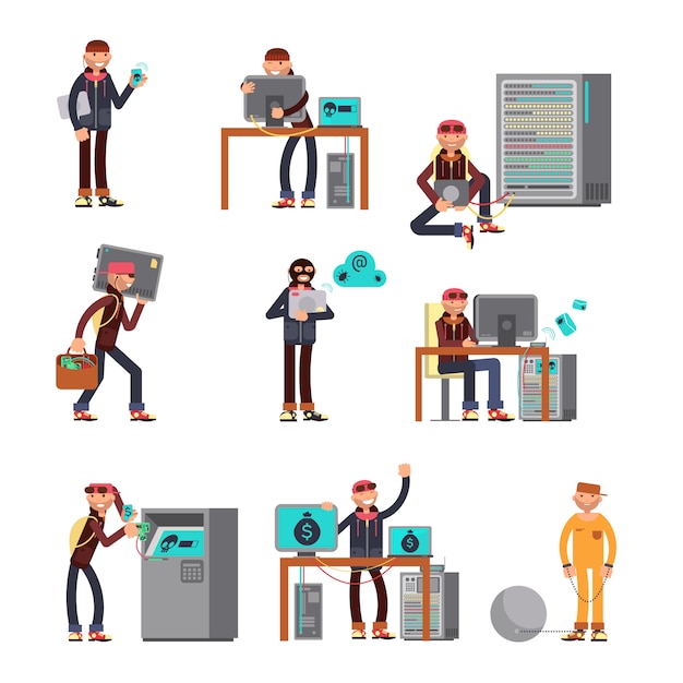 Criminal hackers breaking computer bank accounts. Premium Vector