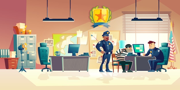 Criminal Interrogation In Police Cartoon Illustration Vector