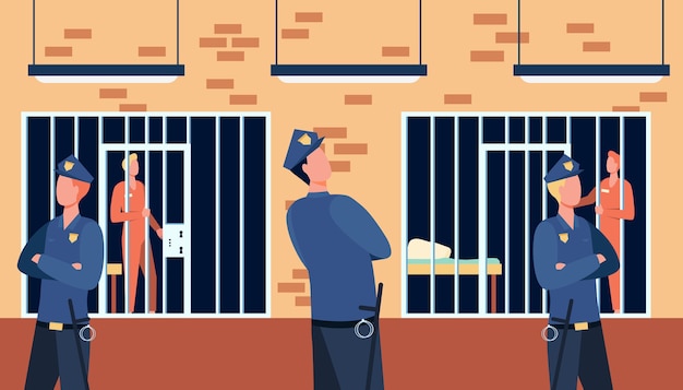 Free Vector Criminals And Guards In State Prison Policemen Watching Prisoners In Cells Of Police Department