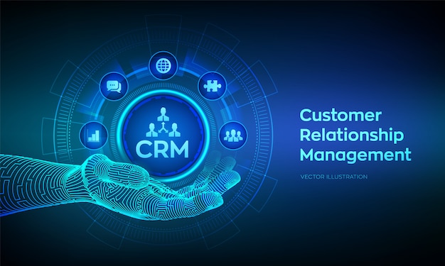 Crm icon in robotic hand. customer relationship management. customer service and relationship concept on virtual screen. Premium Vector