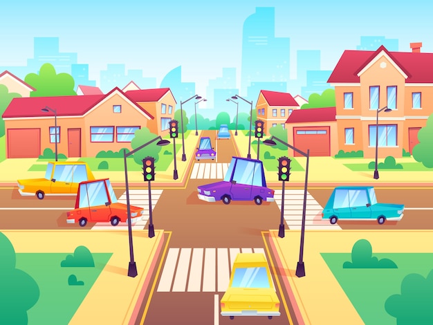 車との交差点 市郊外の交通渋滞 信号と道路の交差点の漫画イラスト プレミアムベクター