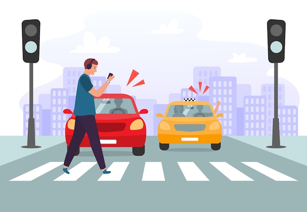 横断歩道の事故 赤い信号で道路を横断するスマートフォンとヘッドフォンを持つ歩行者 プレミアムベクター