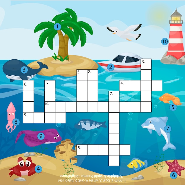 海の水中の海の魚と動物の論理的なワークシートのカラフルな印刷可能なイラストのクロスワード子供雑誌本パズルゲーム プレミアムベクター