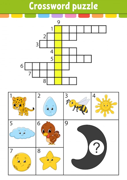クロスワードパズル 教育開発ワークシート 英語学習のためのアクティビティページ カラー写真付き プレミアムベクター