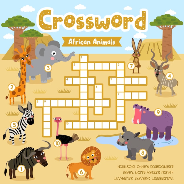 Premium Vector | Crosswords puzzle game of african animals