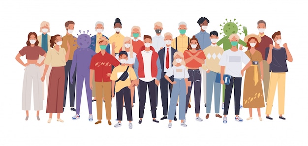 Premium Vector Crowd Of People Wearing Medical Masks Protecting Themselves From The Virus Coronavirus Epidemic Illustration In A Flat Style