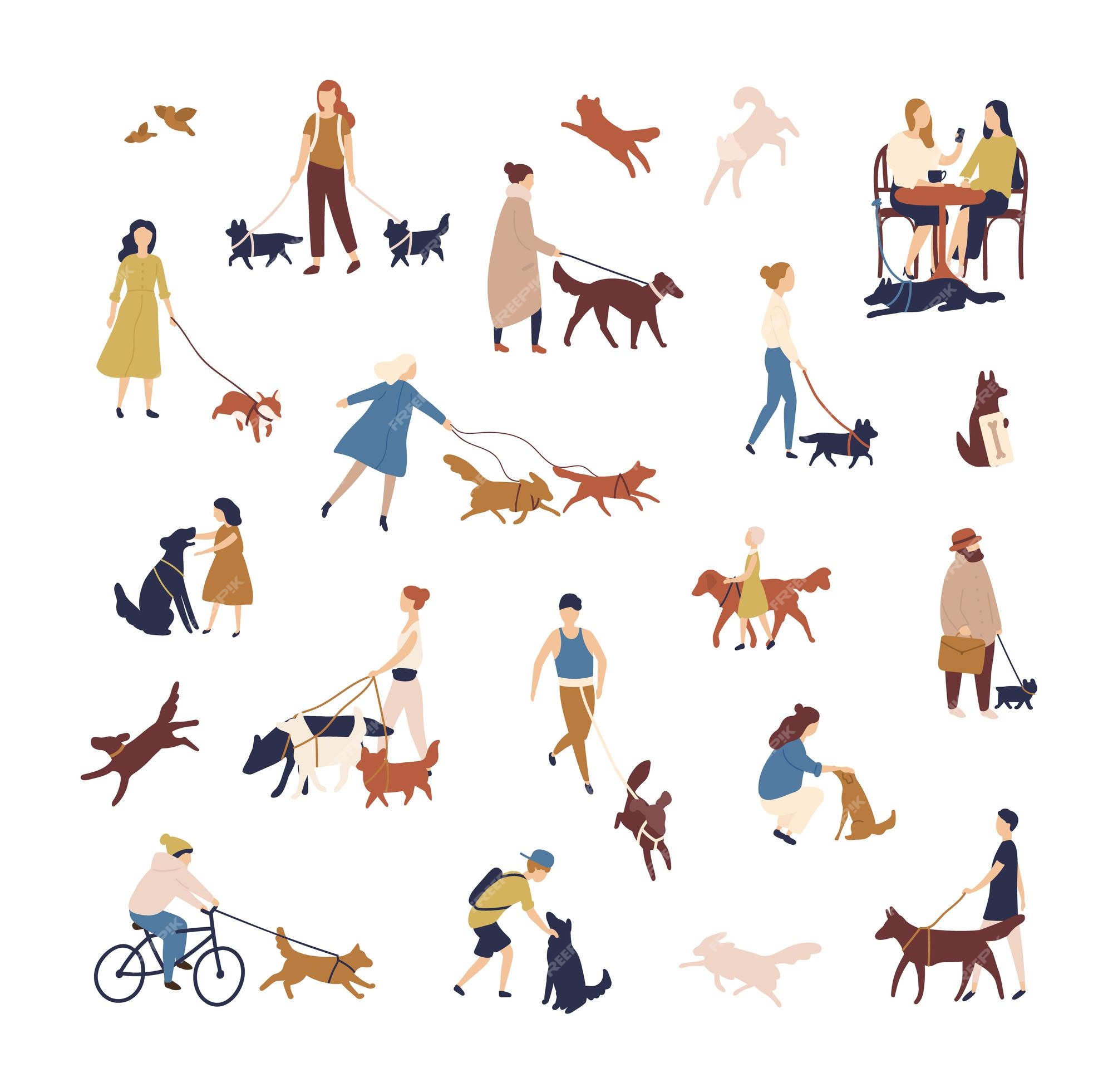 Premium Vector | Crowd of tiny people walking their dogs on street ...