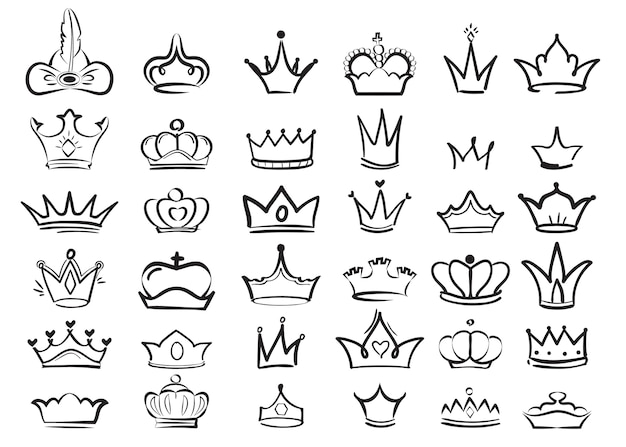 クラウンのいたずら書き 帝国王diademリーガルシンボル雄大なスケッチセット 王冠または王妃 雄大な君主のシンボルを描くイラスト プレミアムベクター
