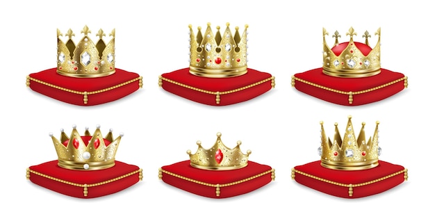 枕の上の王冠 リアルな3dゴールデンキングとクイーンの頭飾りコレクション 豪華な中世の君主セット ベクトルイラストは 皇帝相続人のための赤い枕に金の王冠を分離しました プレミアムベクター