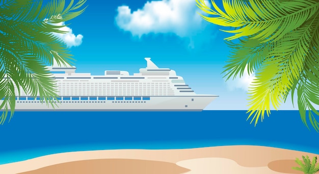 Premium Vector | Cruise ship near the island with palm trees in the ...