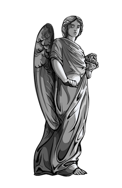 翼のある天使の女の子の彫刻を祈って泣いています 天使の像のモノクロイラスト 孤立 プレミアムベクター