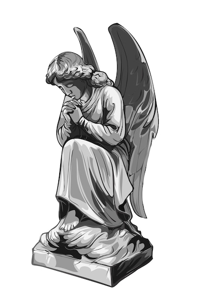 翼のある泣いている祈りの天使の彫刻 天使の像のモノクロイラスト 孤立 プレミアムベクター