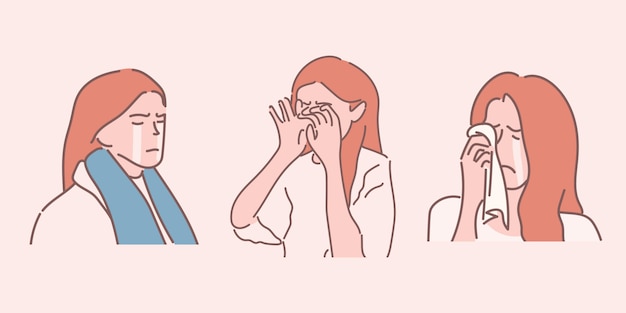 泣いている女性の顔セット 手描きスタイルデザインイラスト プレミアムベクター
