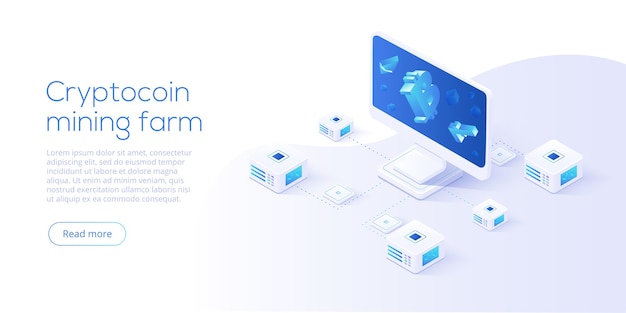 Cryptocoin mining farm layout. cryptocurrency and blockchain network business isometric. crypto curr