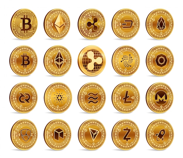 Cryptocurrency 3d golden coins set. bitcoin, ripple, ethereum, litecoin, monero and other.