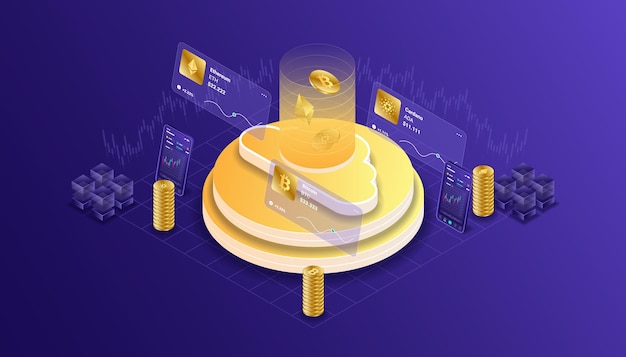 Premium Vector Cryptocurrency Bitcoin Ethereum Cardano Blockchain Mining Technology Internet Iot Security Mobile Dashboard Isometric Illustration Cpu Computer