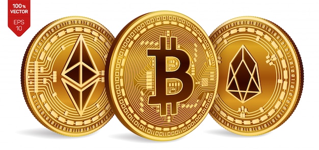 Free Vector Cryptocurrency Golden Coins With Bitcoin Eos And Ethereum Symbol On White Background