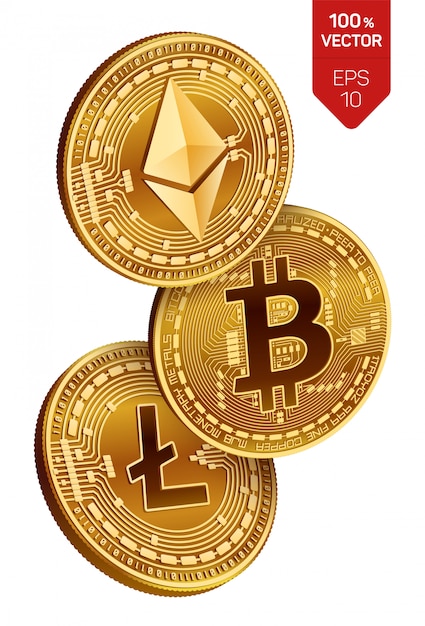 Free Vector Cryptocurrency Golden Coins With Bitcoin Litecoin And Ethereum Symbol On White Background