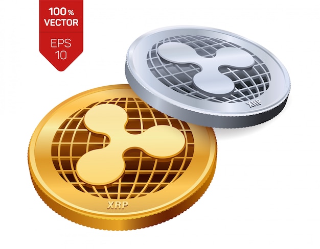 Cryptocurrency golden and silver coins with ripple symbol isolated on