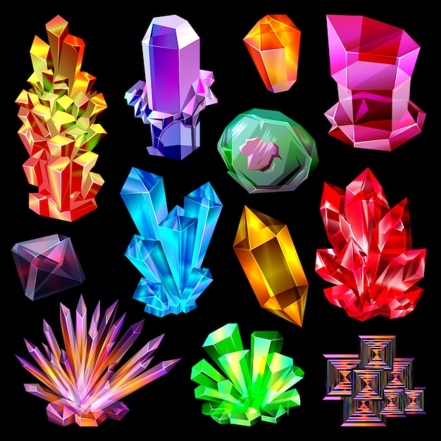 天然水晶の宝石やミネラル石結晶化のジュエリーイラストセットの結晶結晶石の宝石と貴重な宝石 プレミアムベクター