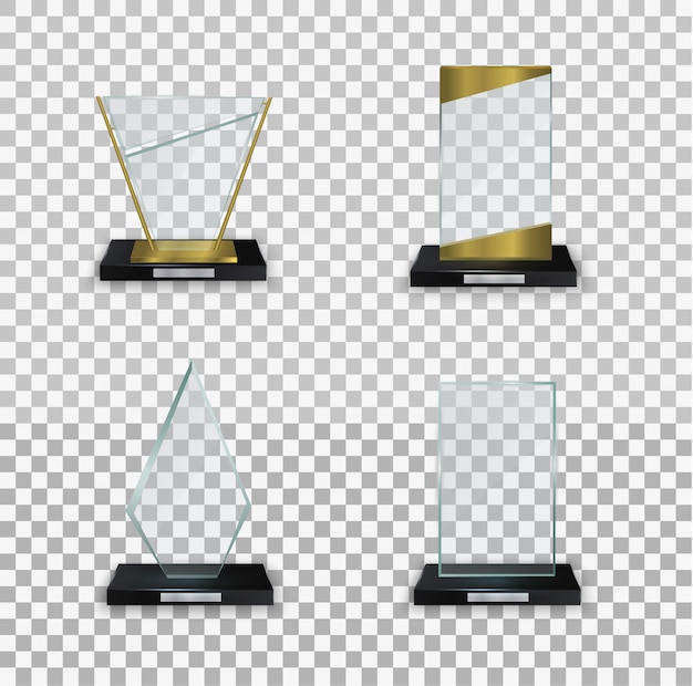 プレミアムベクター クリスタルガラスの空のトロフィー 賞イラスト用の光沢のある透明な賞 白い背景の上のガラスの光沢のあるトロフィー 現代の賞の イラスト集