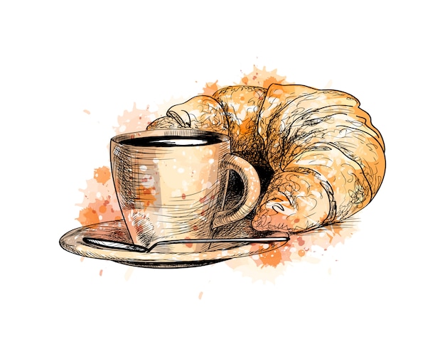 Premium Vector Cup Of Coffee And A Croissant From A Splash Of Watercolor Hand Drawn Sketch Vector Illustration Of Paints