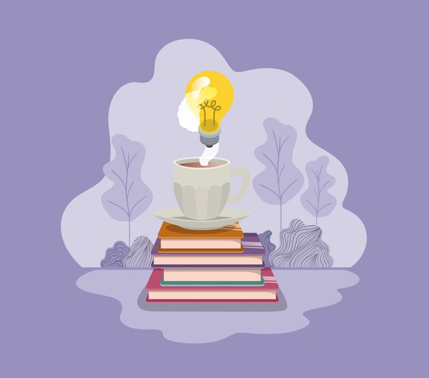 Download Cup of coffee with books and light bulb isolated icon ...