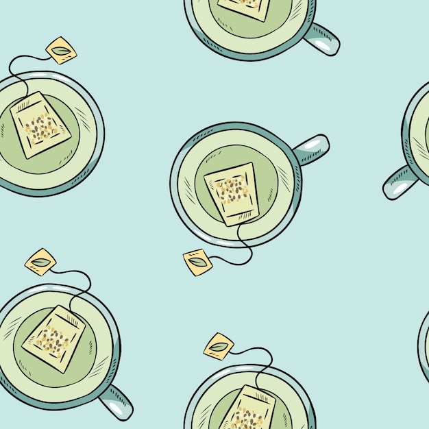 Cup of green tea. hand drawn cute cartoon seamless pattern. Premium Vector