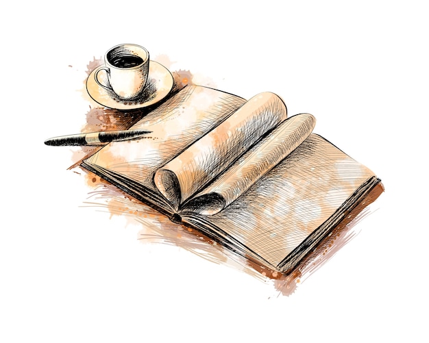 一杯のコーヒーと水彩のスプラッシュからペンで本を描いた手描きのスケッチ 塗料のイラスト プレミアムベクター