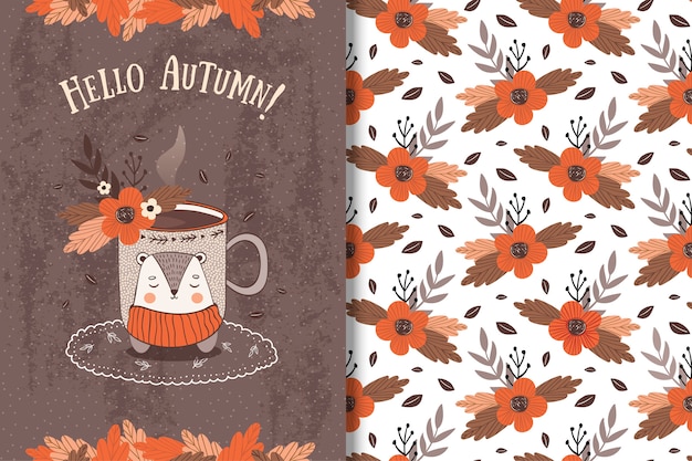 Cup with autumn leavescard and seamless pattern Premium Vector