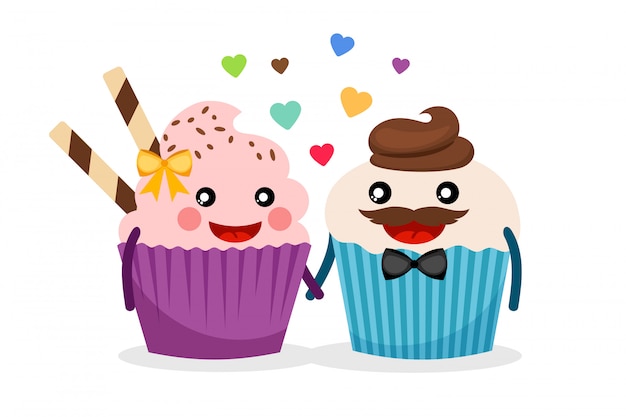 Cupcake couple vector illustration. sweet cupcakes hold hands isolated with confetti Premium Vector