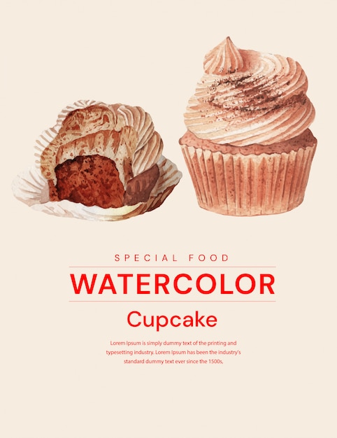 カップケーキのリアルな水彩イラスト プレミアムベクター