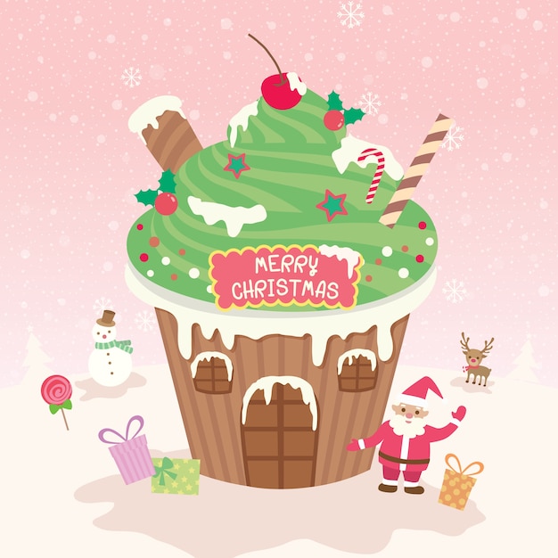 Download Cupcakes house christmas snow pink | Premium Vector