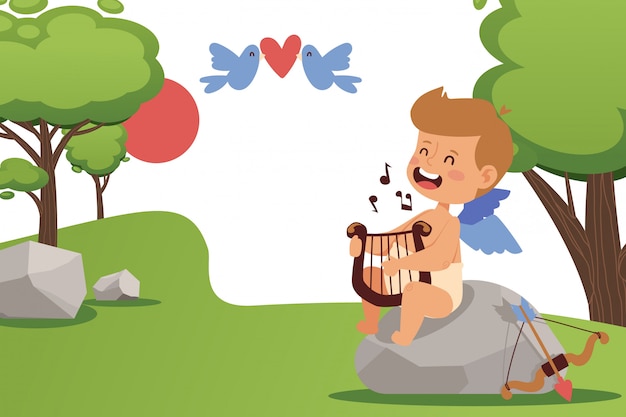 キューピッドの男の子が歌って 天使のハープ イラストを演奏します バレンタインデーのかわいい小さな天使 シンプルな夏の風景 愛らしいキューピッドの漫画のキャラクター プレミアムベクター