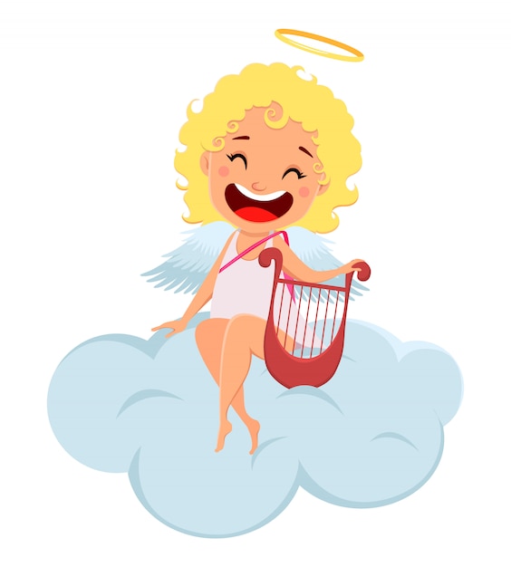 Premium Vector | Cupid holds harp and sits on cloud