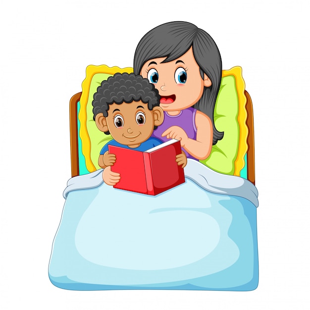 The curly boy is going to sleep and reading the book with his mother Premium Vector