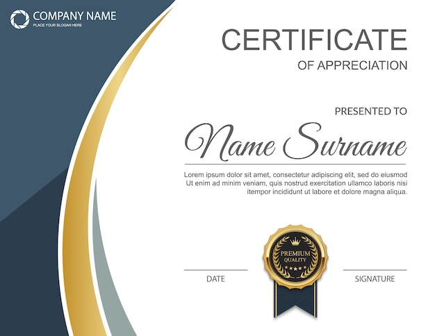 Premium Vector | Curve line horizontal certificate design with medal