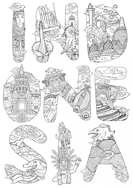 Custom font lettering amazing culture of indonesia with doodle style outline illustration Premium Vector