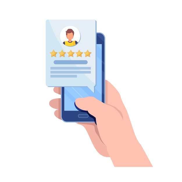 Customer giving five star rating via smartphone application. Premium Vector