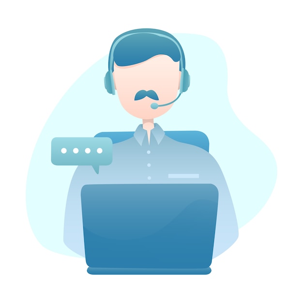 Customer service illustration with man wear headset chatting with costumer via laptop Premium Vector