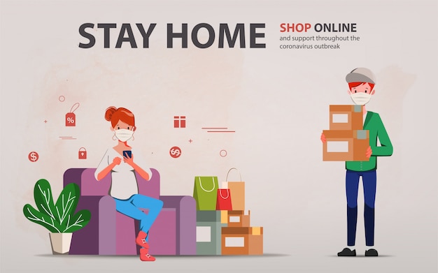 Premium Vector | Customer shopping online during covid-19. stay at home  avoid spreading the coronavirus.