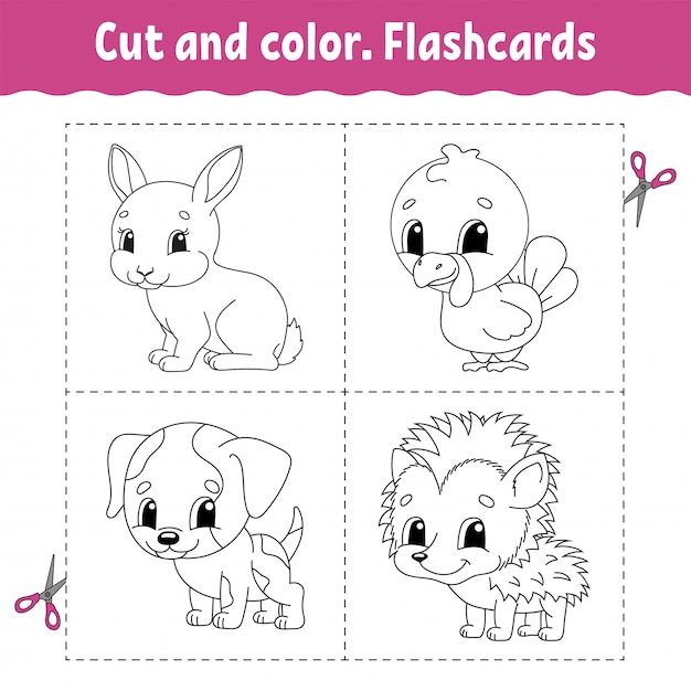 カットとカラー フラッシュカードセット 子供のための塗り絵 漫画のキャラクター プレミアムベクター