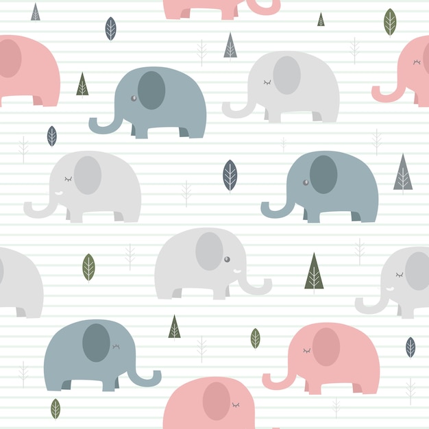 ラインのシームレスなパターンの壁紙にかわいい愛らしい象の漫画 プレミアムベクター