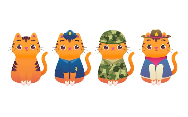 かわいい愛らしいキティ猫専門労働者macotモダンなフラットイラストキャラクター 警察 兵士 軍隊 海兵隊員 保安官 カウボーイ プレミアムベクター