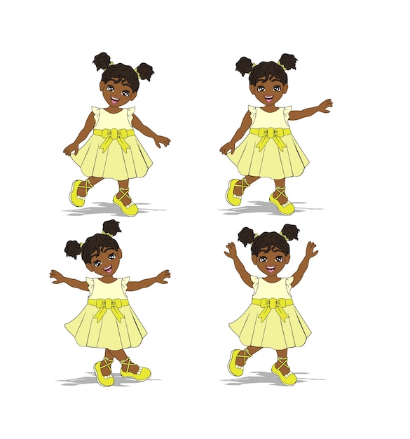 黄色のドレスでかわいいアフリカ系アメリカ人の女の子のキャラクター プレミアムベクター
